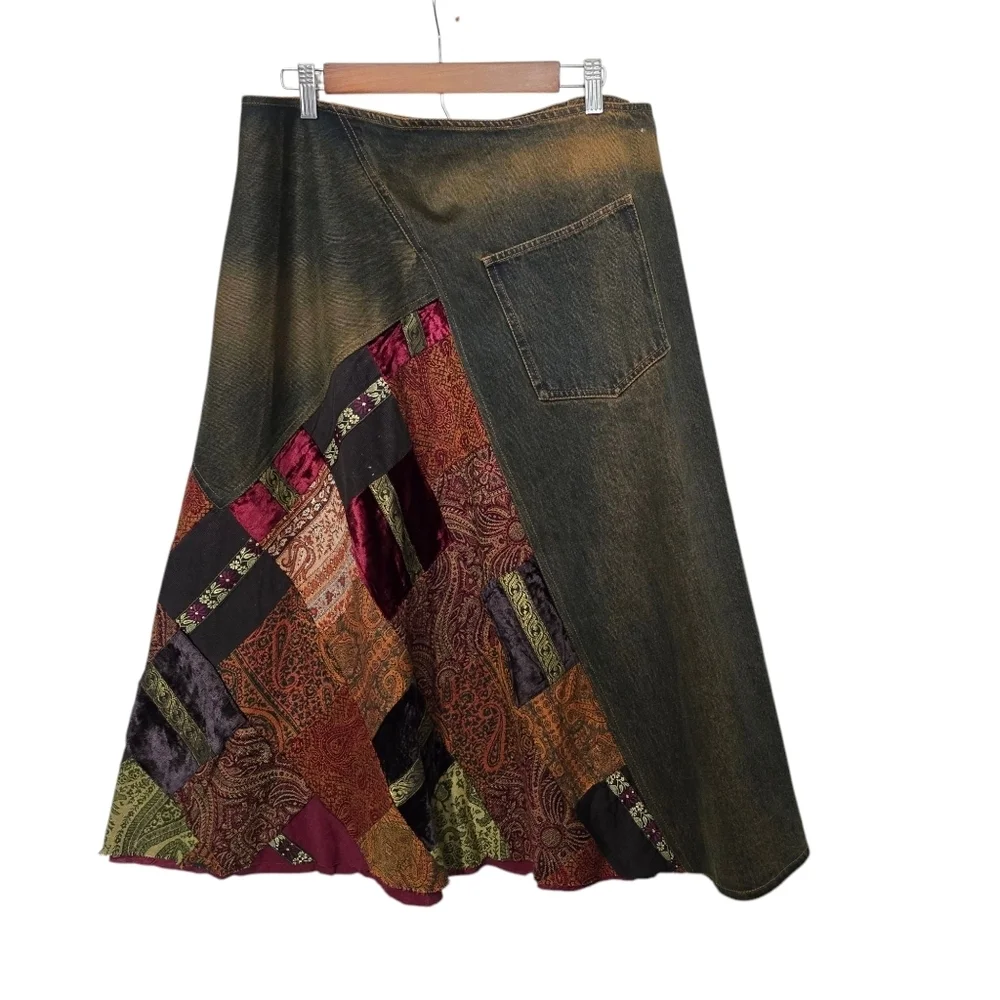 VTG René Derhy Patchwork Denim Maxi Skirt Boho Y2K Artsy USA 14 - Picture 5 of 12